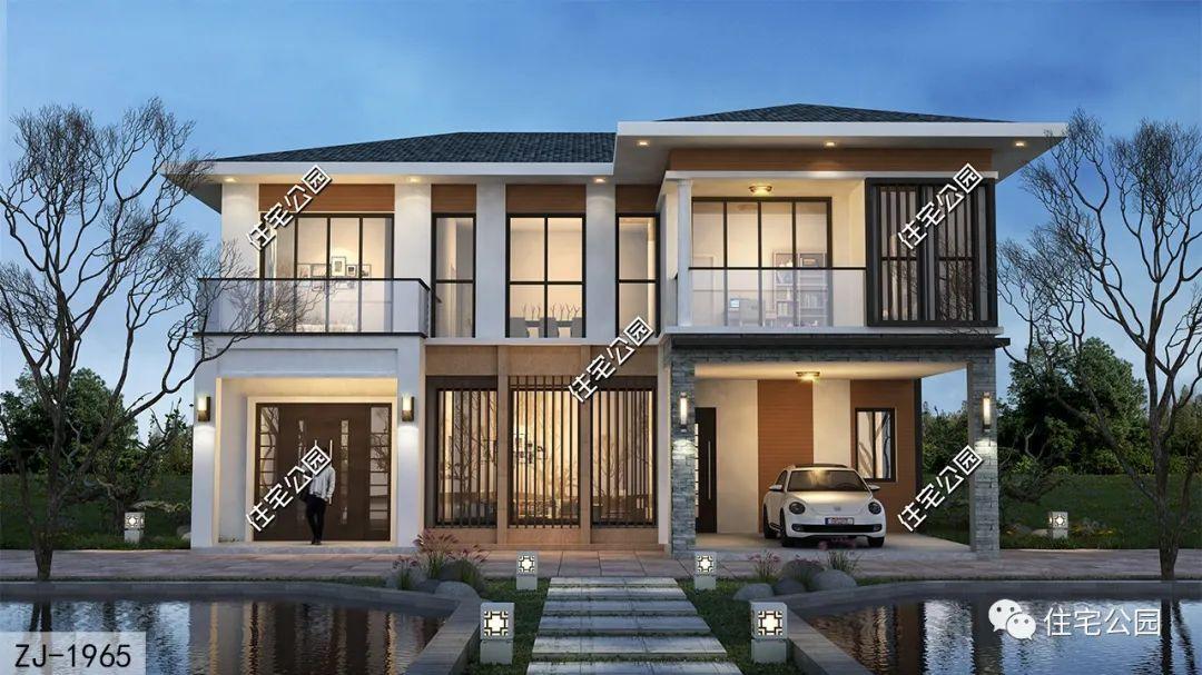 14×14米布局无槽点的二层现代别墅，半开放式车库停车更方便