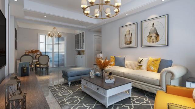 108平美式风三居室，以暖色调为主平时在家看看书写写字好惬意