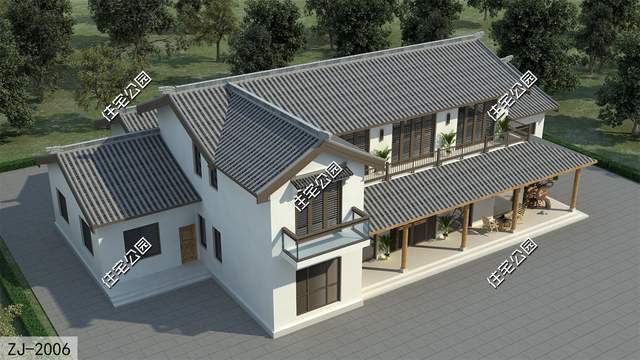 29×19米带露台的二层中式宅院，全景落地窗更通透