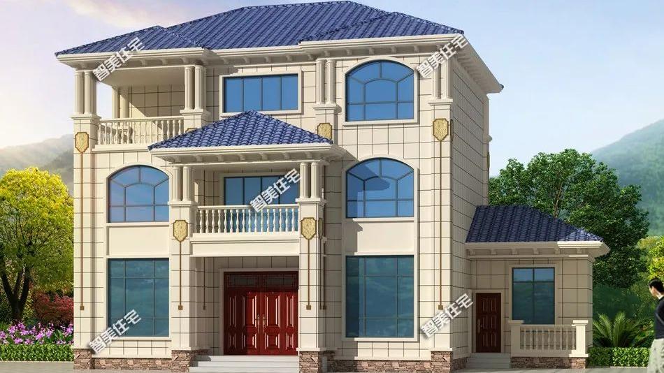 室内有个大堂屋，厨房单独建的简欧别墅，放在农村老家很实用