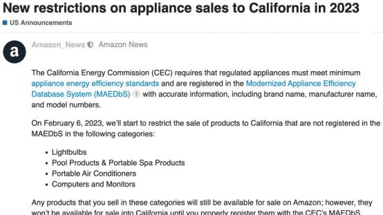 Python|消息！亚马逊美国站限制加州电器销售