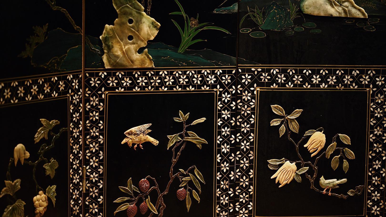 文玩|雅室清居，漆嵌百宝，松鹤延年屏风