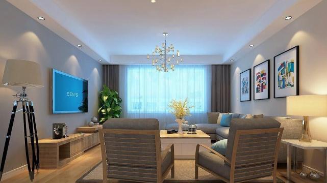 150平简约风三居室，灰蓝色点缀整个白色的空间，让客厅清爽干净