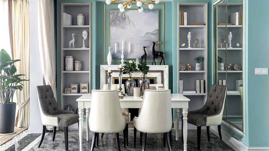 174平美式四居室气质契合清新精致，客厅观感处于极富动态