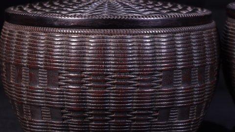 紫檀|回流：老紫檀木雕萝筐形茶叶罐一对。