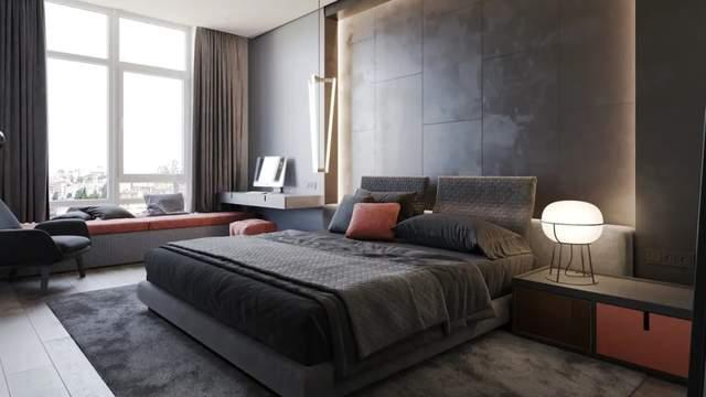 145平米欧式三居室，卧室以灰色为主，粉色点缀，很漂亮