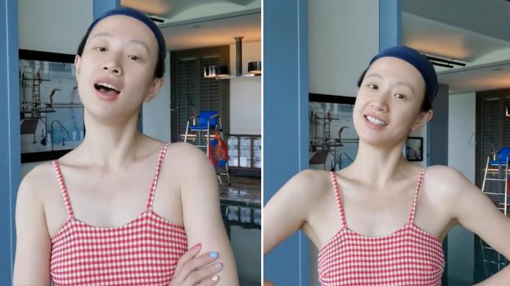 走光|李梦素颜穿紧绷泳衣勒出身形，大力拉伸也不怕走光