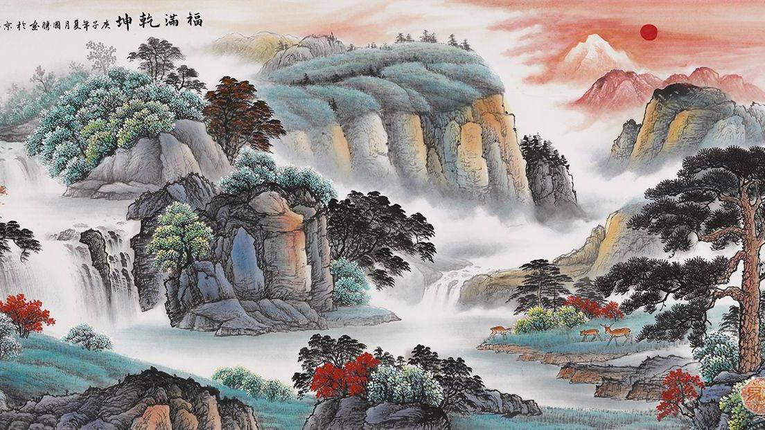 沙发墙后挂画 山水画清新靓丽 适合家中装饰