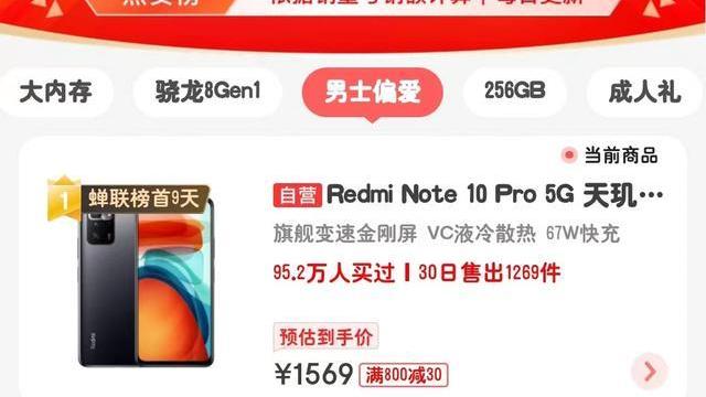 男士偏爱手机榜，红米Note10pro蝉联榜首9天，可闭眼入？