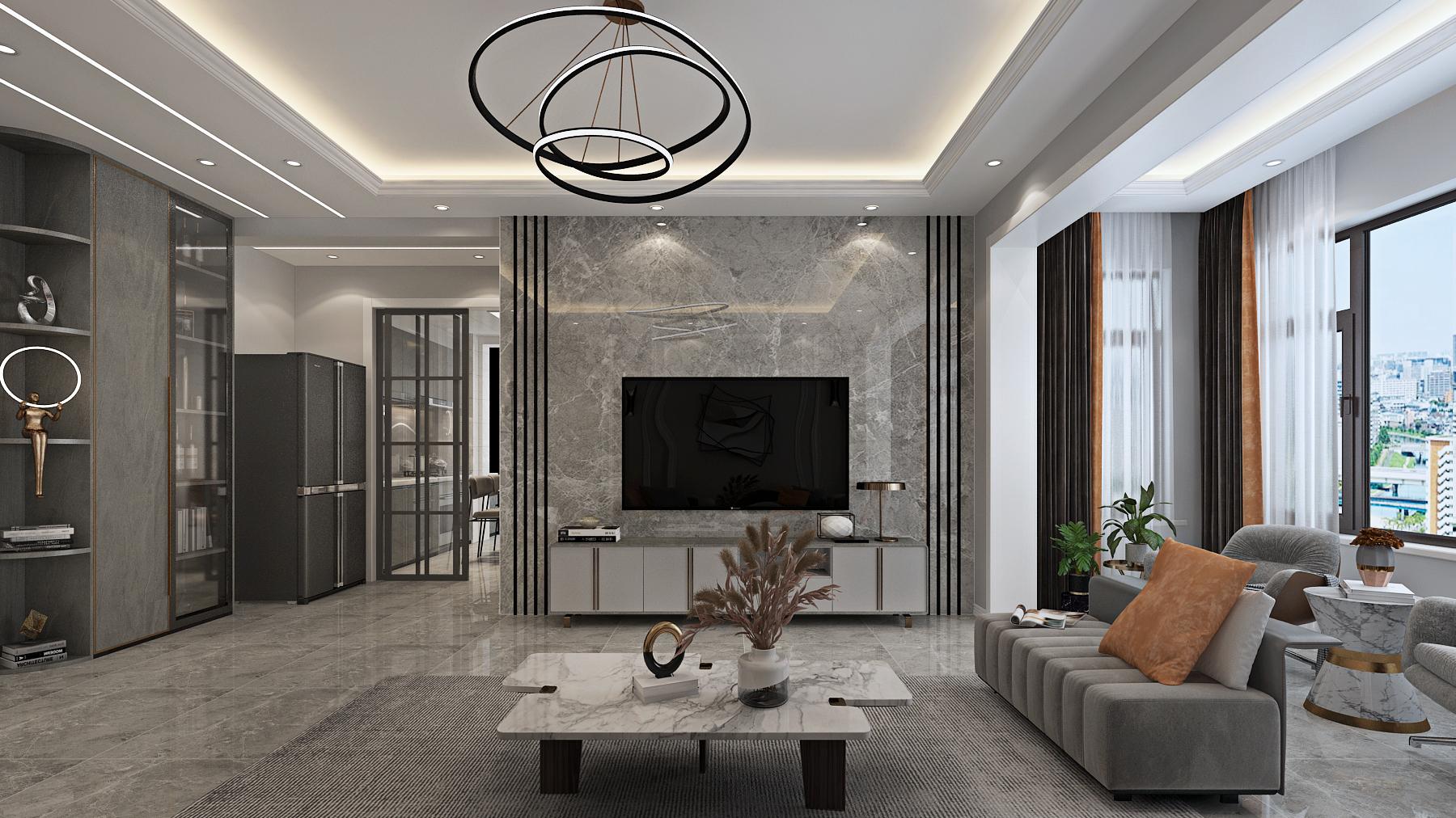 102平现代风二居室，灰色玄关柜不仅有换鞋凳还和衣柜结合了