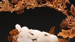 |银鎏金镶和田玉童子戏兽摆件