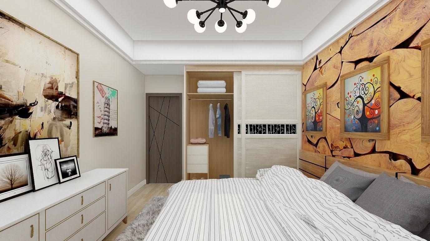 61平现代风卧室背景墙采用大胆的木色搭配，每个空间都独具一格