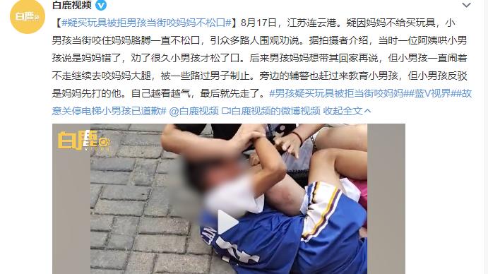 疑似买玩具被拒男孩当街咬妈妈不松口
