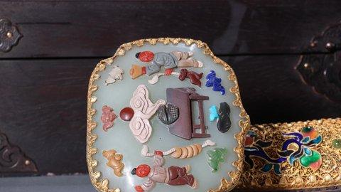 和田玉籽料|清代 和田玉籽料百宝嵌如意摆件