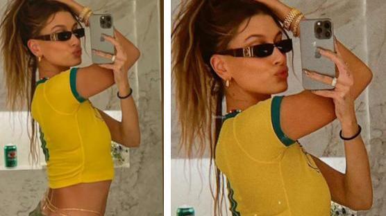 贾斯汀·比伯|海莉晒近照，身披巴西球衣，秀极致腰身！与比伯回故乡甜蜜度假