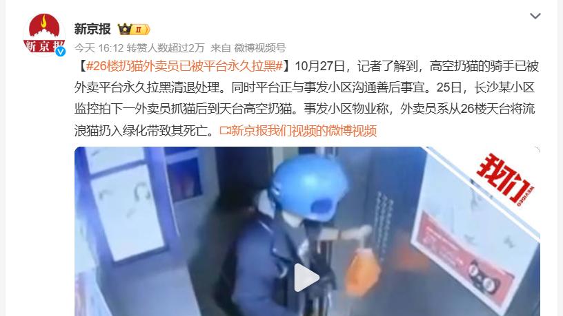 26楼扔猫外卖员被全平台拉黑：心无善念，寸步难行