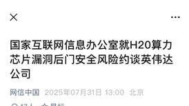 网信办就H20算力芯片漏洞后门安全风险约谈英伟达