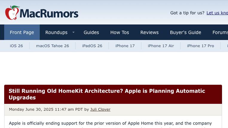 苹果iOS 18.6 Beta 2预警：旧版HomeKit架构今秋停更