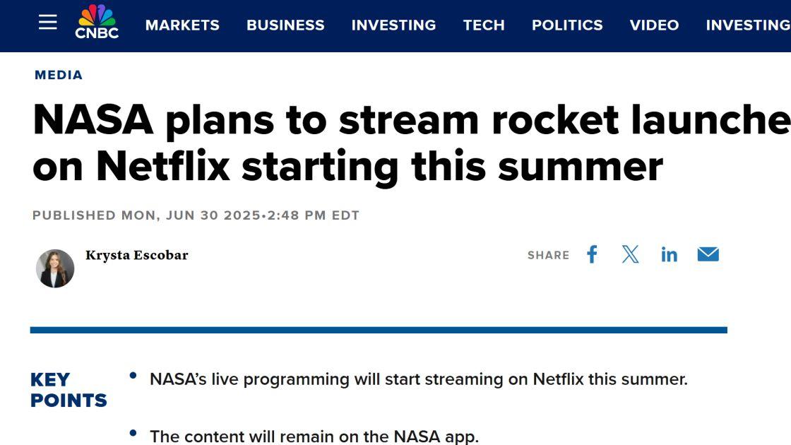 NASA与网飞达成合作，将免费直播火箭发射及国际空间站实景