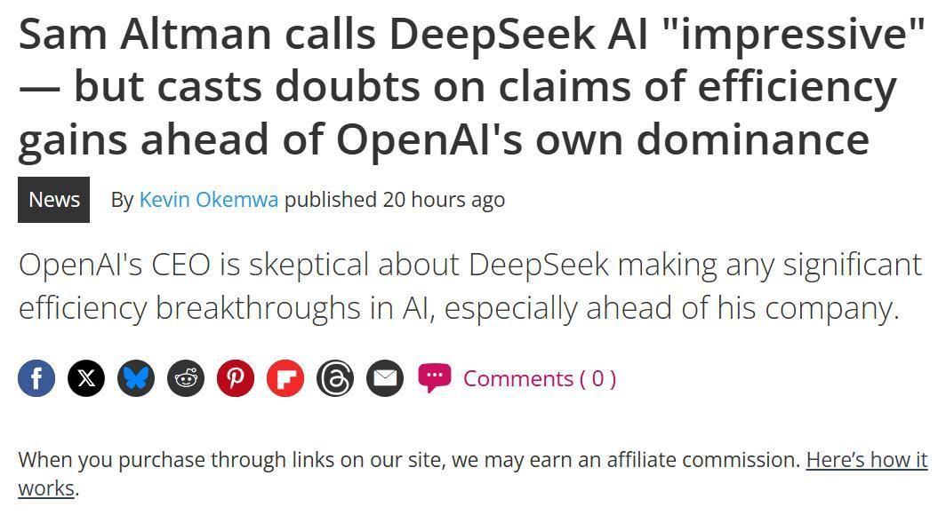 OpenAI CEO：DeepSeek 团队很有才华，但OpenAI 更高效