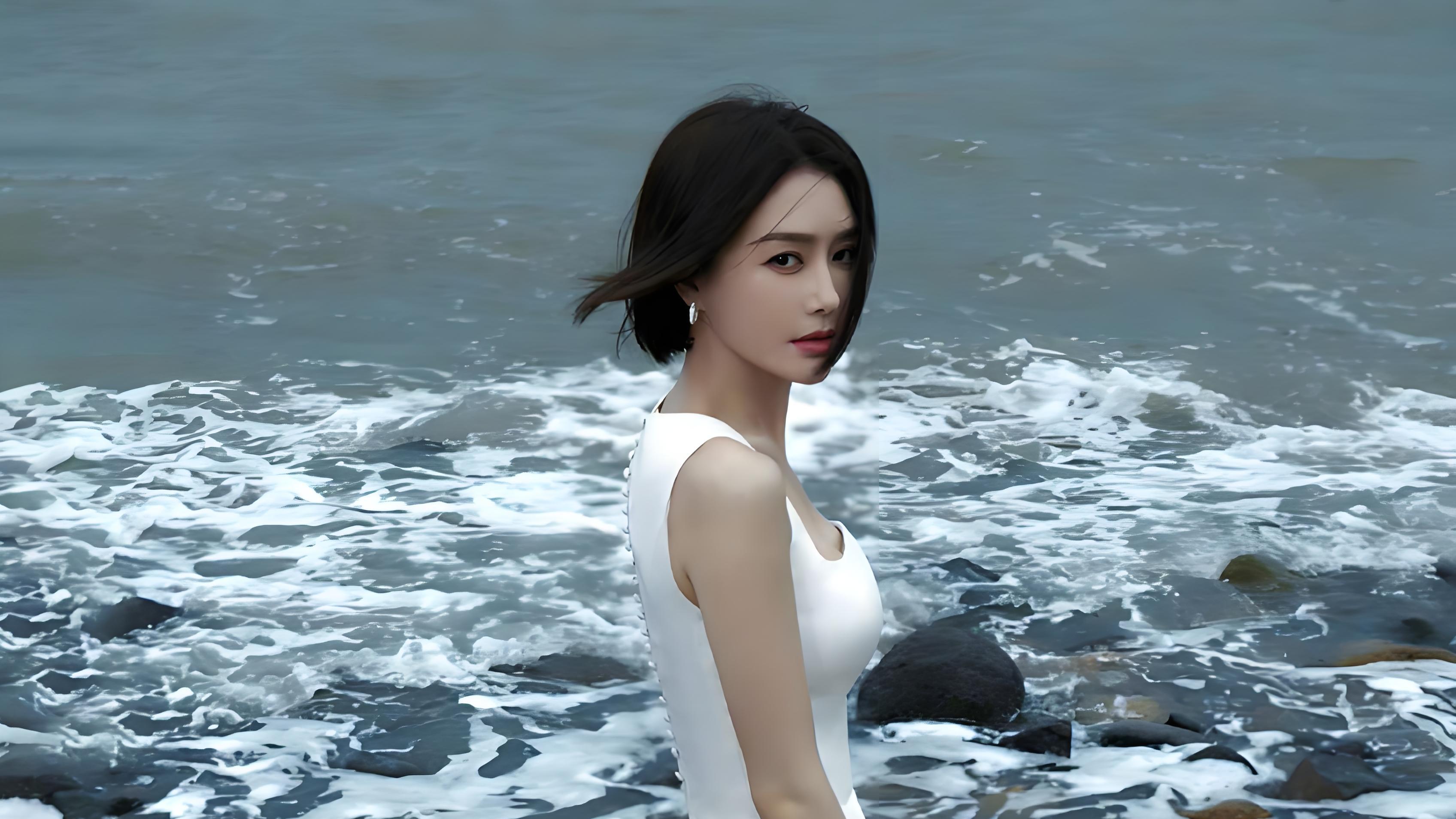 44 岁秦岚海边大片太敢穿！抹胸装大秀直角肩