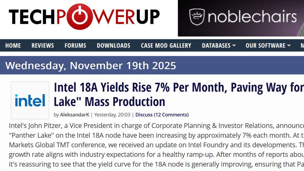 英特爾披露：18A 制程 “Panther Lake” 處理器月良率提升 7%