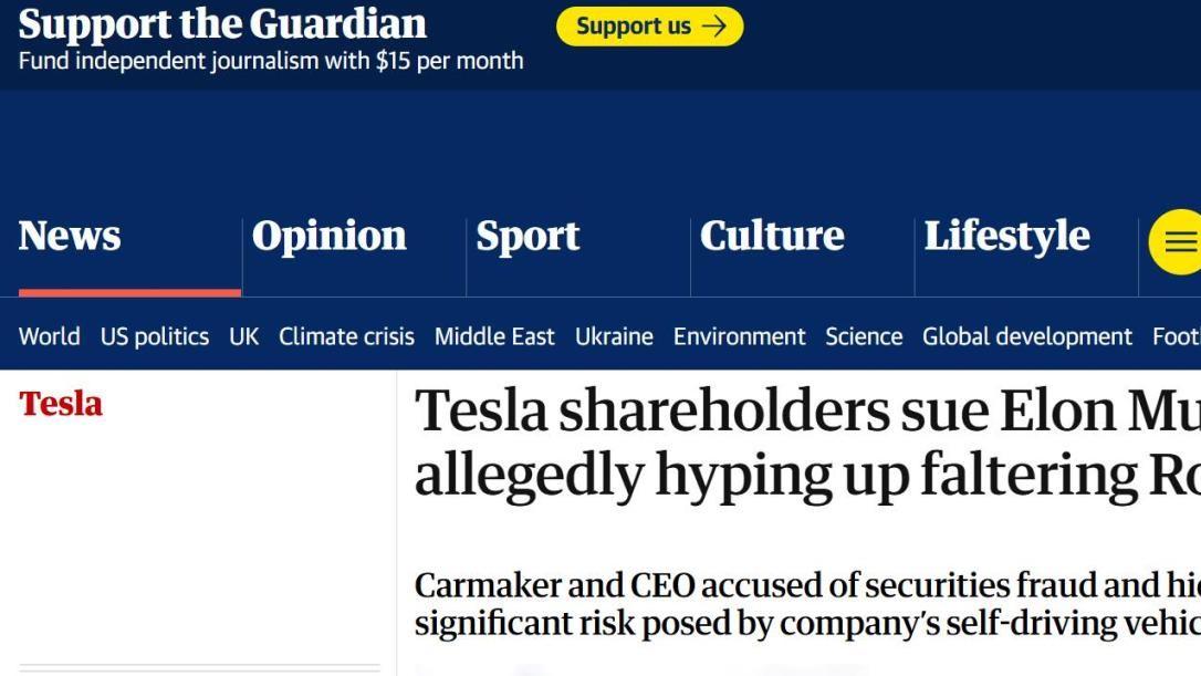 特斯拉股东起诉马斯克及公司隐瞒自动驾驶风险，导致股价受挫