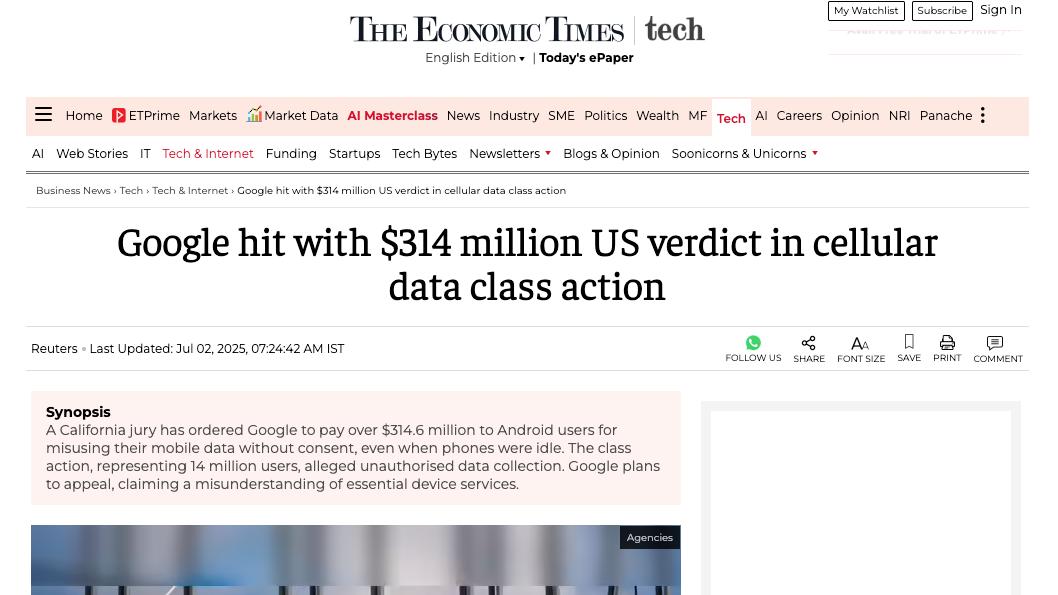 因滥用安卓用户数据，美国加州陪审团裁定谷歌赔偿3.15亿美元