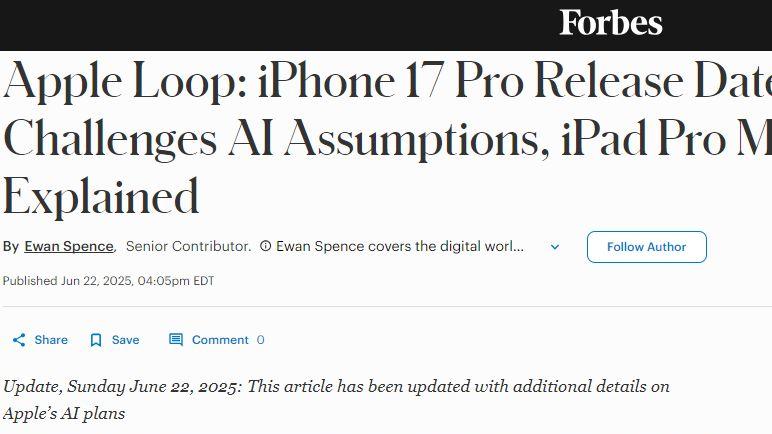 外媒爆料iPhone 17 Pro发布日期，AI与iPad Pro成焦点