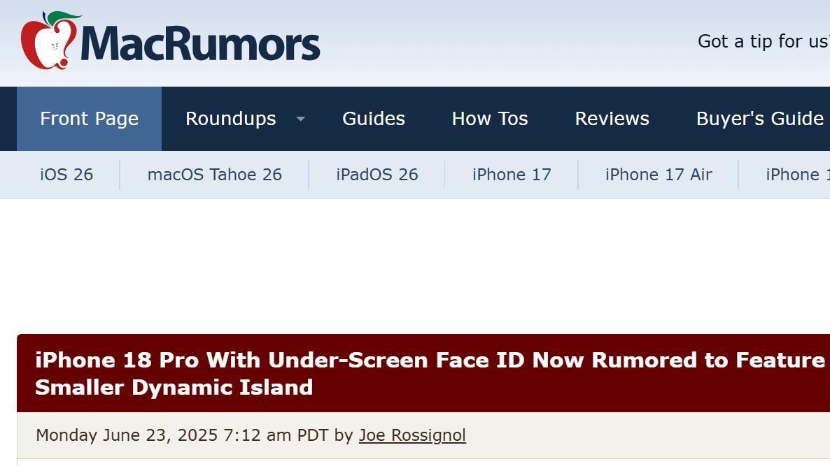 外媒：苹果 iPhone 18 系列部分机型将配备屏下Face ID