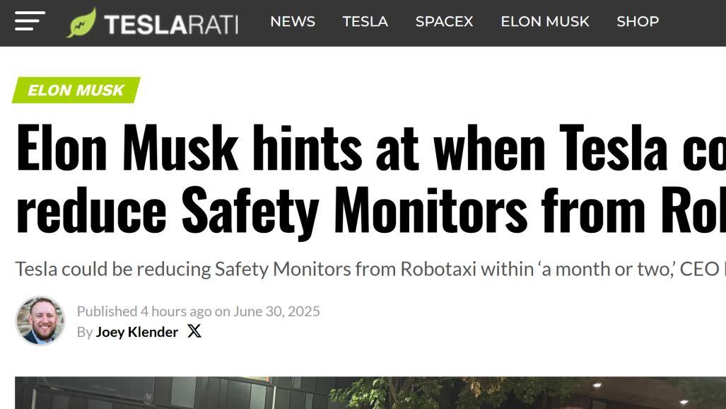 馬斯克稱特斯拉 Robotaxi 或一兩個月內減少安全監督員