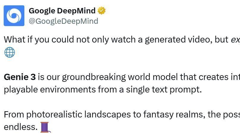 外媒：谷歌DeepMind宣布推出新一代世界模型Genie 3