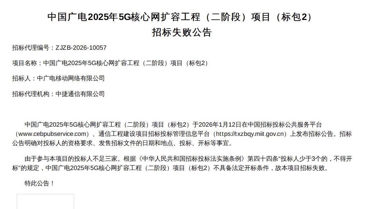 采購失??！中國廣電5G核心網擴容工程（二階段）標包2、3重啟