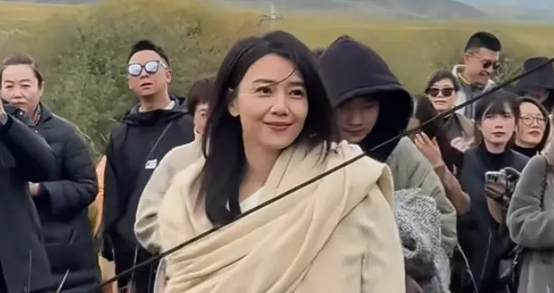 高圆圆现身户外：黑西装搭米色披肩，美得随意又高级