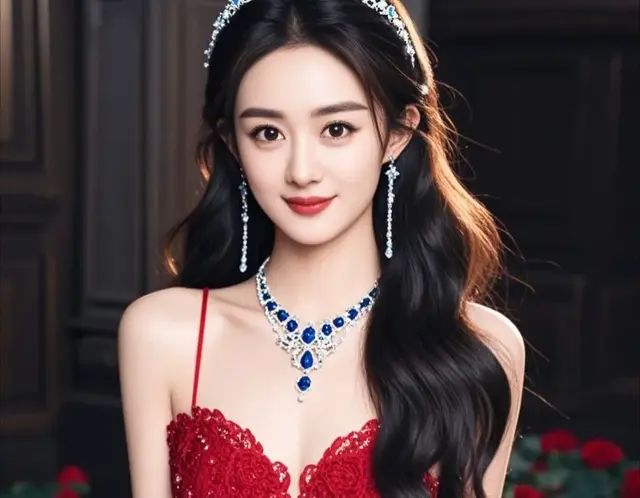 赵丽颖身着红裙礼服，宛如一朵盛开的娇艳玫瑰。