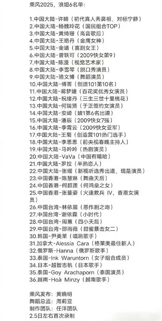 《浪姐6》录制名单公布，36位姐姐集结，超强阵容来袭！