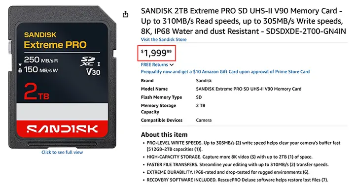 買不起買不起！閃迪新款2TB V90 SD卡賣1999美元，每GB價格1美元