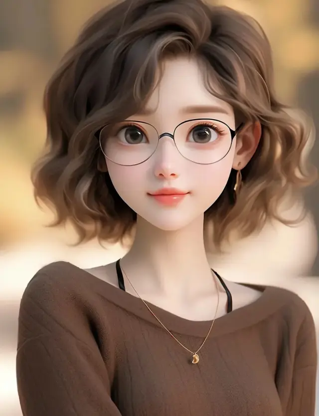 短发眼镜女生，娴静淡雅好漂亮