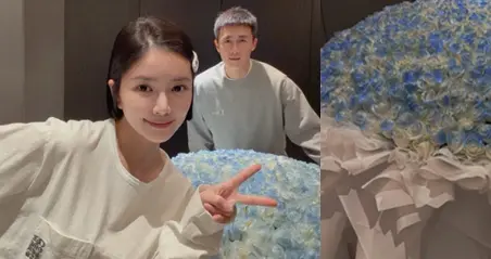 王灿晒情人节礼物！老公送999朵蓝色玫瑰花好浪漫，剪短发造型美