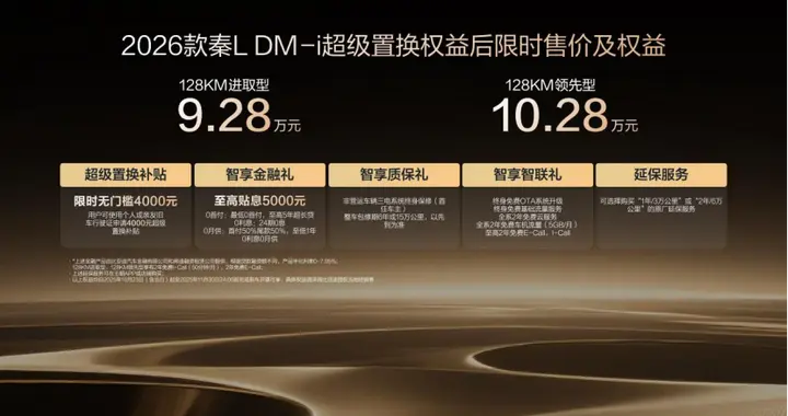 比亚迪2026款秦L DM-i正式上市，限时售价9.28万元起