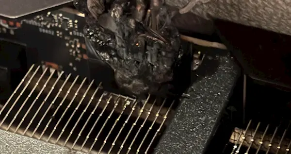 RTX 5090原裝電源線起火面目全非！CPU水冷管慘遭波及