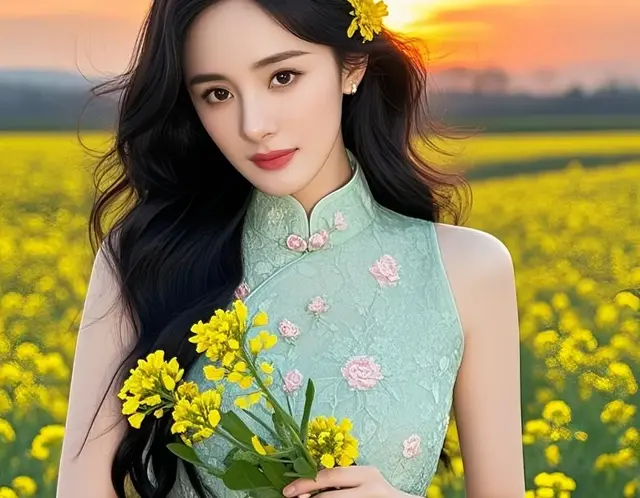 杨幂着绿色旗袍，在油菜花海中，宛如从民国走来的佳人。