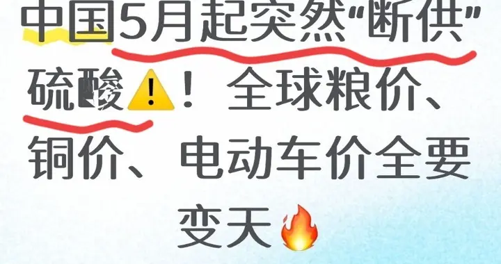 中国5月起突然“断供”硫酸！全球粮价、铜价、电动车价全要变天