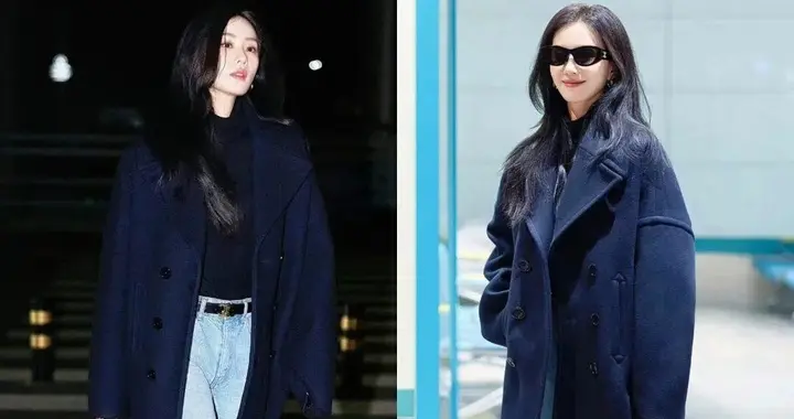 刘诗诗机场私服真会穿！藏蓝大衣+牛仔裤+短靴，时髦高级又洋气！