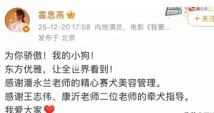 霍思燕牵狗参赛，她的西施犬获国际冠军，杜江激动，网友气愤