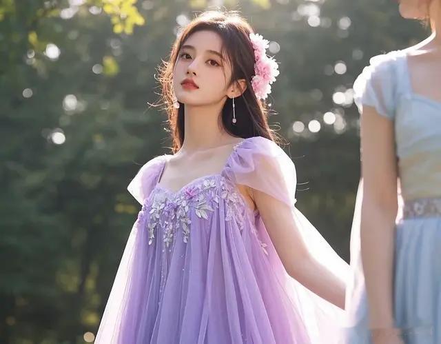 鞠婧祎淡紫裙绣花粉，花饰温柔范，美炸了！