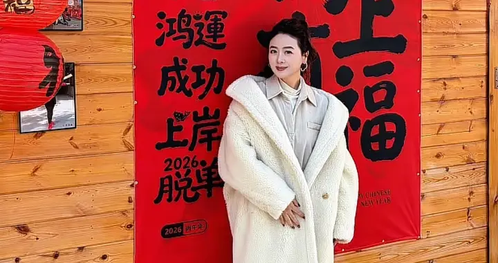 45岁小李琳拜新年：羊羔毛大衣+阔腿裤，减龄又高级，美得像28岁