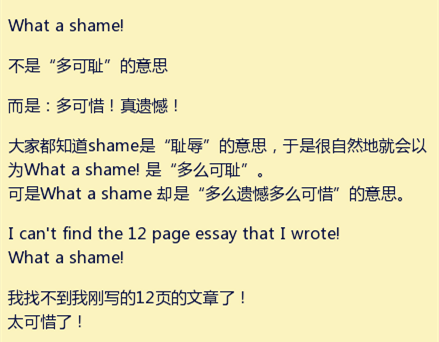 记住: what a shame! 不是"多可耻"的意思!
