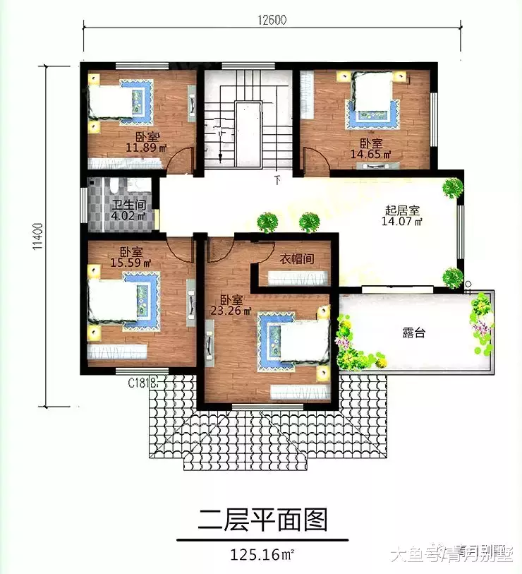 12.6米×11.4米二层精美小别墅, 6卧室带走廊大露台