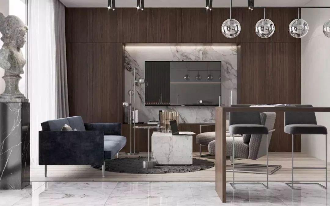 木质+大理石, 电视墙这样装, 显高档!